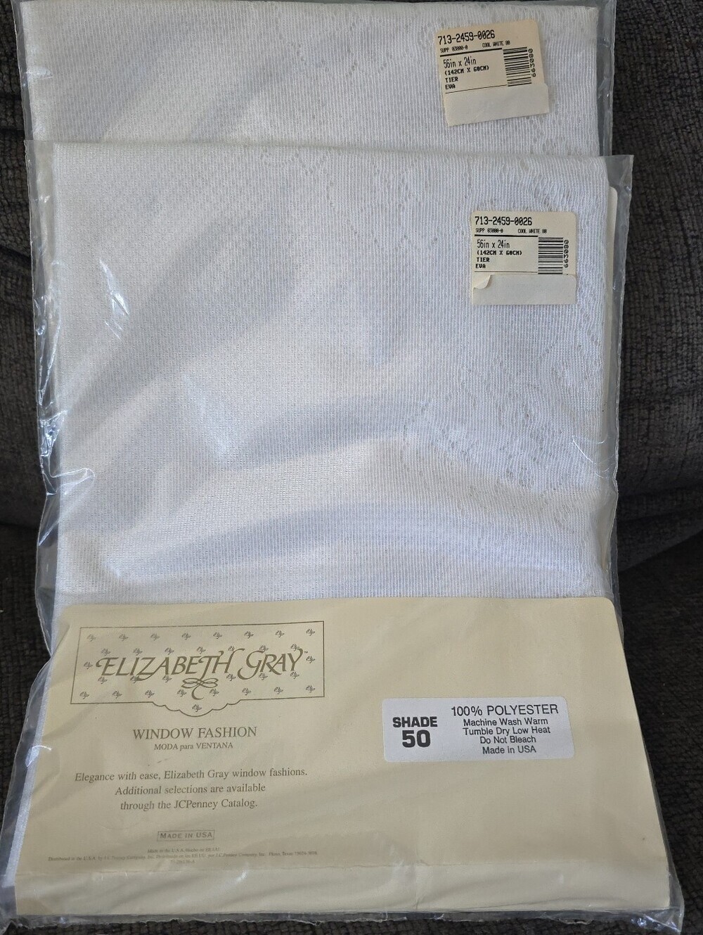Lot of 2 NOS Vintage Elizabeth Gray Eva Tier Curtain White Lace 56x24”